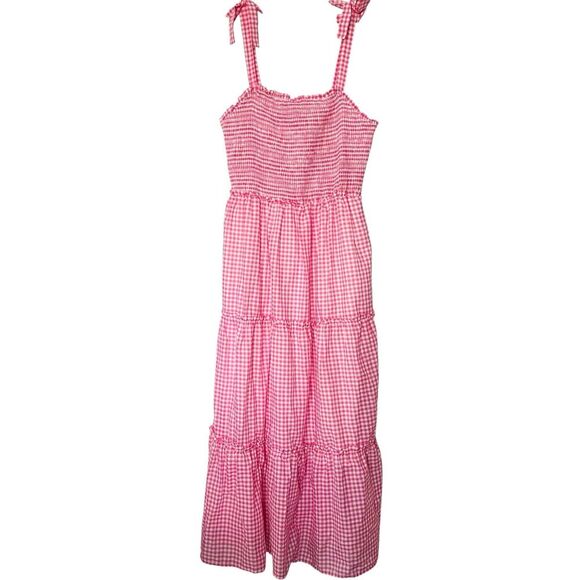 Draper James RSVP Gingham Tiered Maxi Dress Womens 1X Pink Bows Sundress Tank - Picture 1 of 11